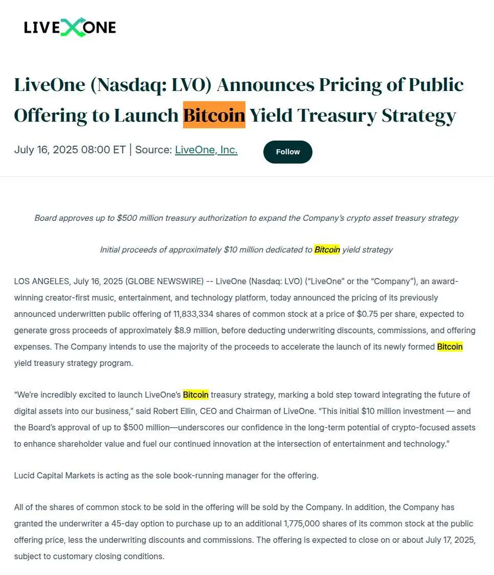  美股上市公司 LiveOne 启动比特币收益国库策略募资计划 拟发行逾1183万股普通股