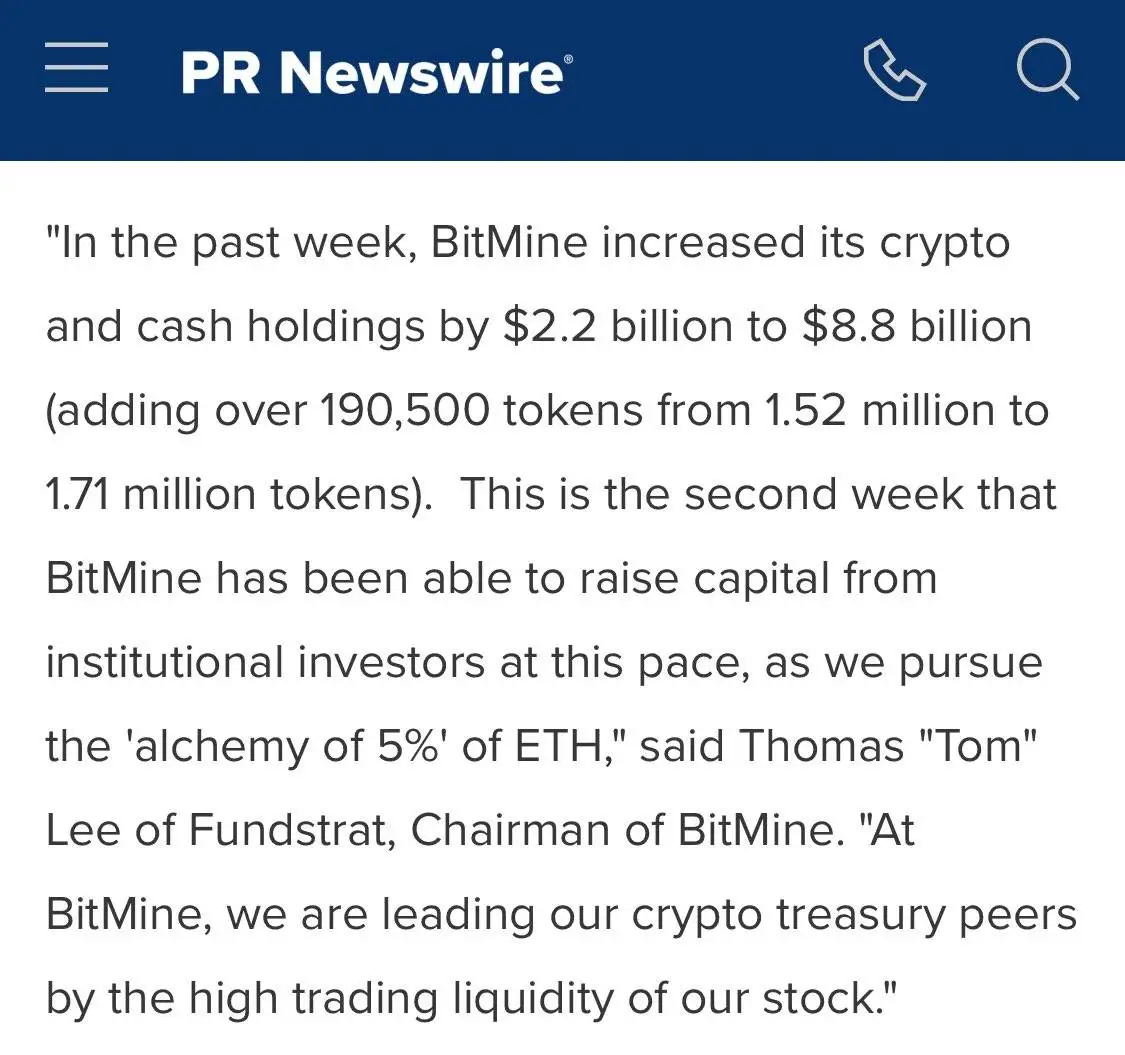  Bitmine加密资产持仓达88.2亿美元 连续两周加速融资布局ETH