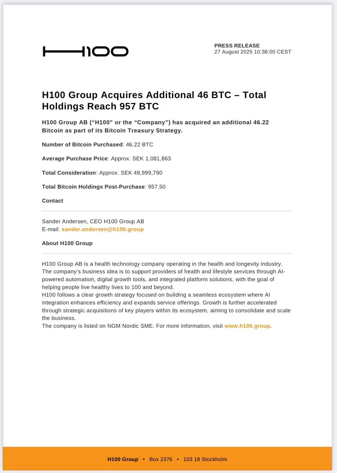  瑞典企业H100 Group追加购入46枚比特币 总持仓攀升至957枚