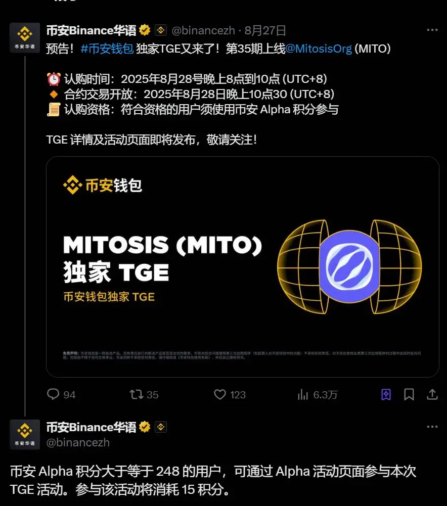  币安推出MITO独家TGE活动，积分门槛248